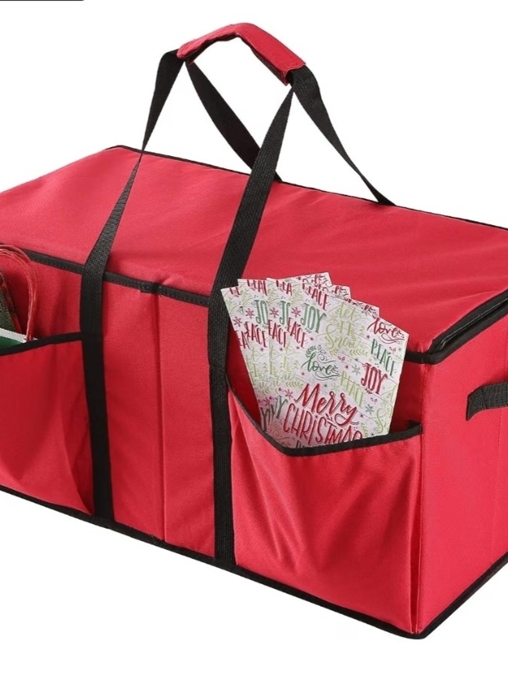 Red Fabric Storage Organizer Tote with Exterior Pockets - Picture 3 of 9